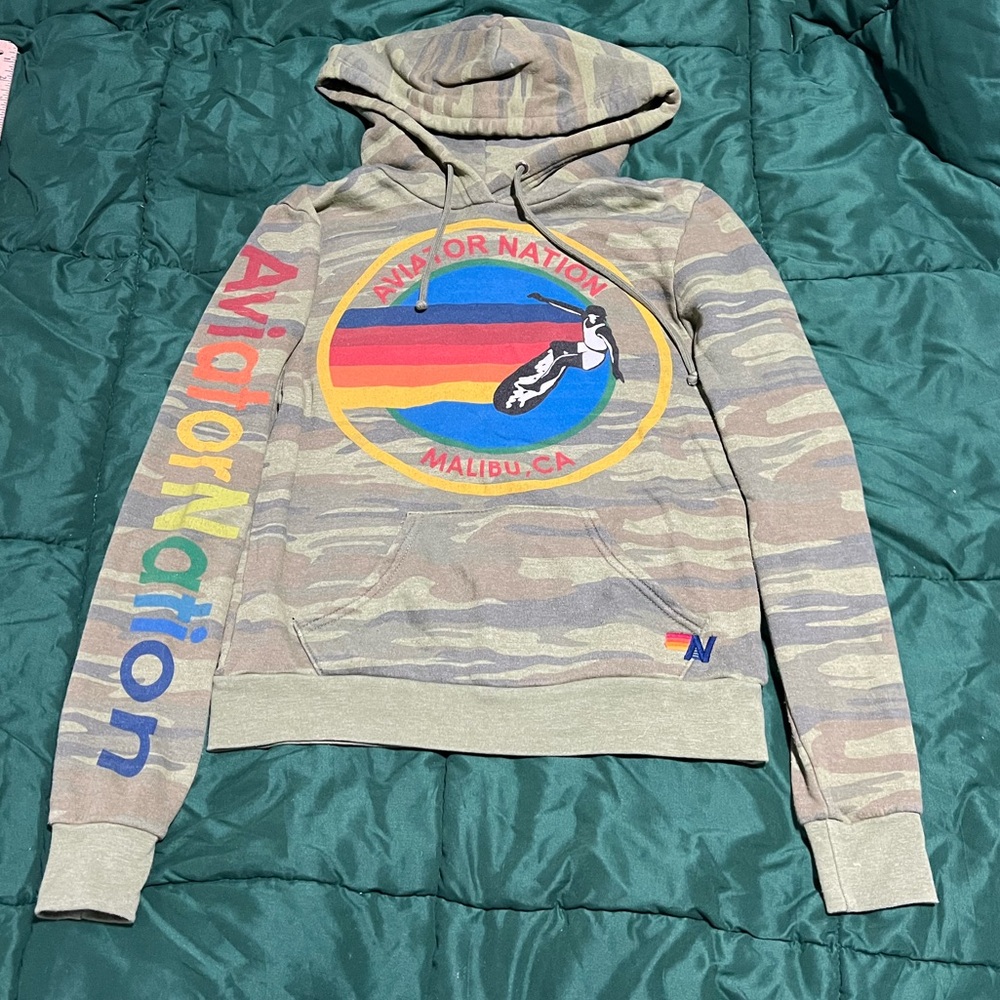 Aviator Nation Camo Malibu Hoodie with Multicolor Rainbow Accent Size Xtra Small